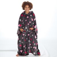 18C833: Older Girls Stars & Hearts Print Hooded Plush Fleece Long Line Poncho (One Size - 7-13 Years)